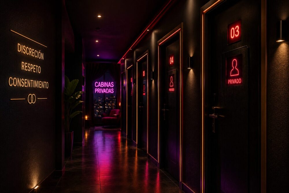 Pasillo discreto de cabinas privadas para adultos en Bogotá
